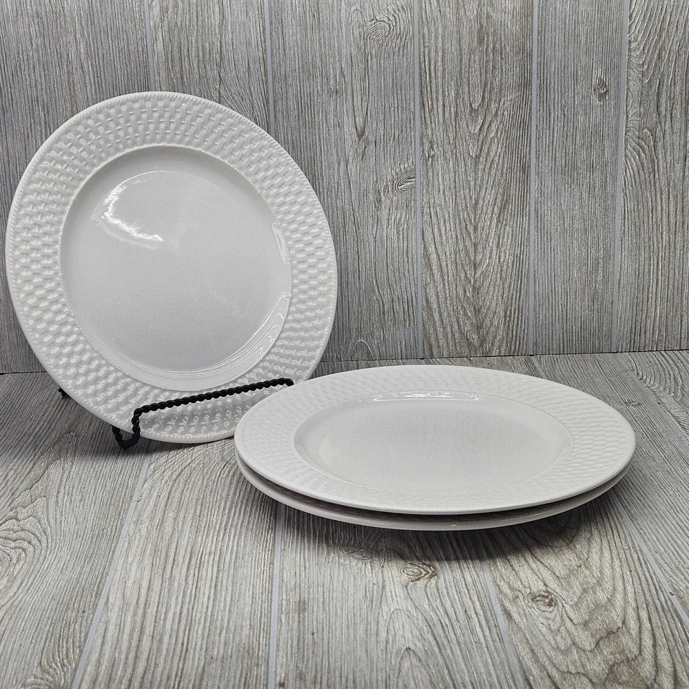 Oneida Westerly Basket White Stoneware Dinner Plates Set of 3 Textured Rim 11